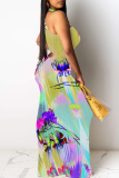 White Sexy Print Hollow Out O Neck Long Dresses