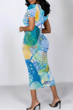 Beige Casual Print Contrast O Neck Wrapped Skirt Dresses