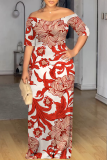 Fluorescent Yellow Casual Print Patchwork Off Shoulder Long Dresses