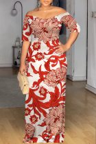 Red Casual Print Patchwork Off Shoulder Long Dresses