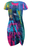 Blue Sexy Print Slit O Neck Irregular Dresses