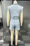 Black Sexy Casual Solid Color Buttons Irregular Turndown Collar Sleeveless Denim Ropmer
