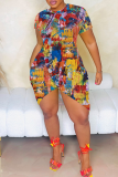 Blue Sexy Print Slit O Neck Irregular Dresses