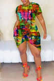 Blue Sexy Print Slit O Neck Irregular Dresses