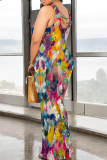 Red Purple Casual Print Patchwork O Neck Long Dresses