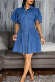 Blue Casual Solid Color Buckle Turndown Collar Short Sleeve Loose Denim Dresses