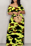 Fluorescent Yellow Casual Print Patchwork Off Shoulder Long Dresses