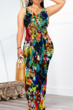 Red Purple Casual Print Patchwork O Neck Long Dresses