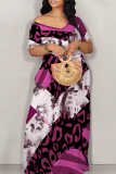 Fluorescent Yellow Casual Print Patchwork Off Shoulder Long Dresses