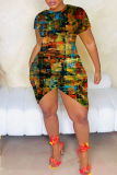 Blue Sexy Print Slit O Neck Irregular Dresses