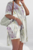 Rose Red Casual Print Slit V Neck Short Sleeve Two Pieces