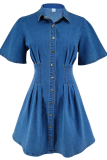 Blue Casual Solid Color Buckle Turndown Collar Short Sleeve Loose Denim Dresses