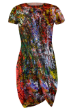 Blue Sexy Print Slit O Neck Irregular Dresses