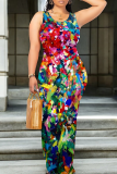 Red Purple Casual Print Patchwork O Neck Long Dresses