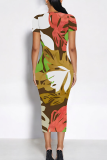 Beige Casual Print Contrast O Neck Wrapped Skirt Dresses
