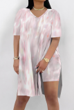 Rose Red Casual Print Slit V Neck Short Sleeve Two Pieces