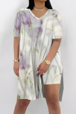 Rose Red Casual Print Slit V Neck Short Sleeve Two Pieces