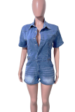 Blue Casual Solid Color Pocket Buckle Turndown Collar Short Sleeve Regular Denim Jumpsuits