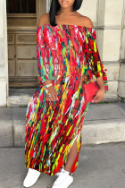 Red Casual Print Slit Off Shoulder Long Dresses