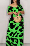 Fluorescent Yellow Casual Print Patchwork Off Shoulder Long Dresses