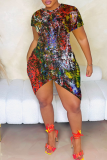 Blue Sexy Print Slit O Neck Irregular Dresses