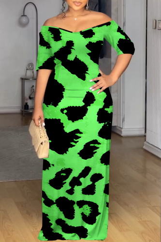 Green Casual Print Patchwork Off Shoulder Long Dresses