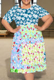 Green Casual Print Patchwork O Neck Long Plus Size Dresses