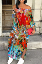 Red Blue Casual Print Slit Off Shoulder Long Dresses