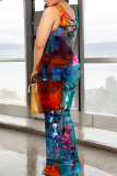 Red Purple Casual Print Patchwork O Neck Long Dresses