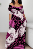Fluorescent Yellow Casual Print Patchwork Off Shoulder Long Dresses