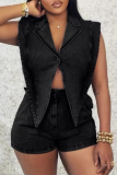 Black Sexy Casual Solid Color Buttons Irregular Turndown Collar Sleeveless Denim Ropmer