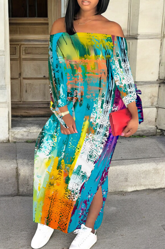 Lake Blue Casual Print Slit Off Shoulder Long Dresses