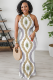 White Sexy Print Hollow Out O Neck Long Dresses