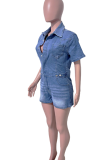Blue Casual Solid Color Pocket Buckle Turndown Collar Short Sleeve Regular Denim Jumpsuits