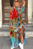Light Purple Casual Print Slit Off Shoulder Long Dresses