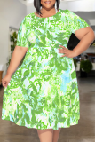Green Casual Print Patchwork O Neck Long Plus Size Dresses