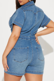 Blue Casual Solid Color Pocket Buckle Turndown Collar Short Sleeve Regular Denim Jumpsuits
