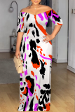 Fluorescent Yellow Casual Print Patchwork Off Shoulder Long Dresses