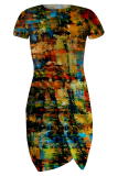 Blue Sexy Print Slit O Neck Irregular Dresses