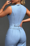 Light Blue Casual Solid Color Buckle V Neck Sleeveless Two Pieces