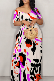 Fluorescent Yellow Casual Print Patchwork Off Shoulder Long Dresses