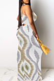 White Sexy Print Hollow Out O Neck Long Dresses