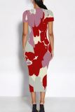 Beige Casual Print Contrast O Neck Wrapped Skirt Dresses