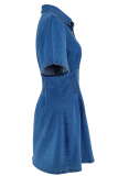 Blue Casual Solid Color Buckle Turndown Collar Short Sleeve Loose Denim Dresses