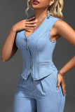 Light Blue Casual Solid Color Buckle V Neck Sleeveless Two Pieces