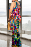 Red Purple Casual Print Patchwork O Neck Long Dresses