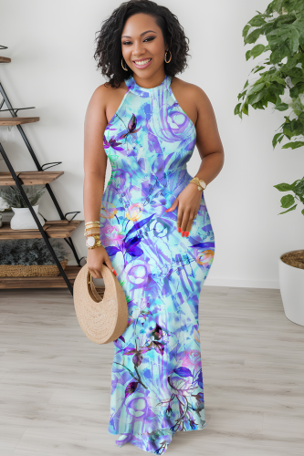 Light Blue Sexy Print Hollow Out O Neck Long Dresses