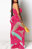 White Sexy Print Hollow Out O Neck Long Dresses