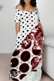 Fluorescent Yellow Casual Print Patchwork Off Shoulder Long Dresses