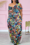 Multicolor Casual Print Pocket Slit V Neck Long Dresses